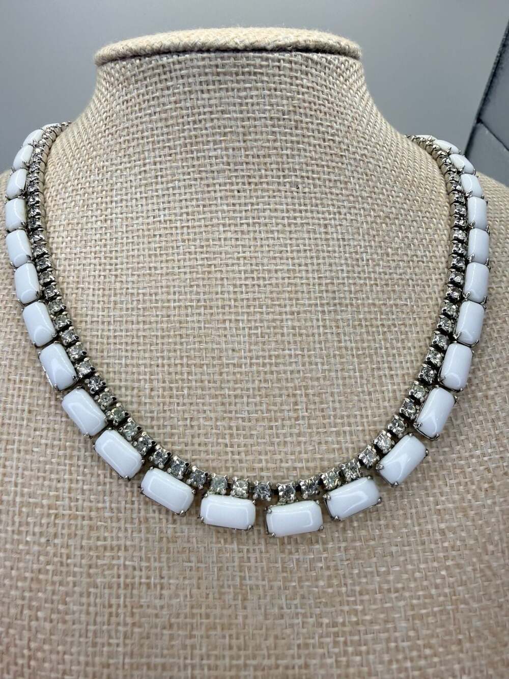 Vintage Milk Glass Rhinestone Necklace 16 Inch